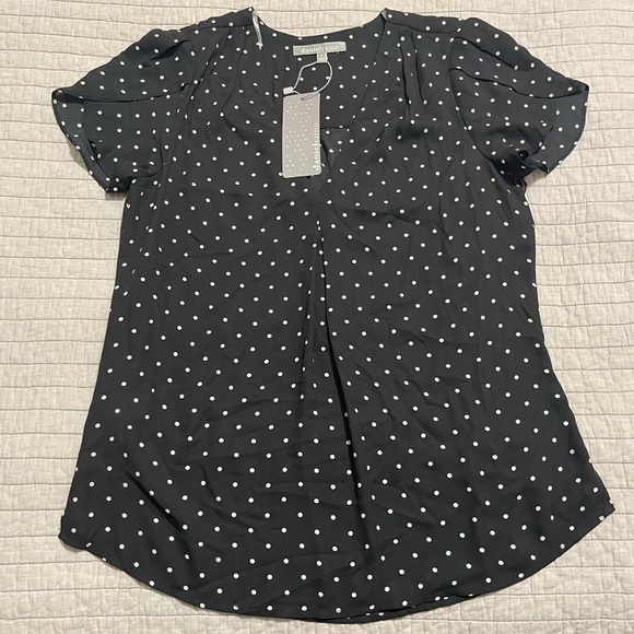 Daniel Rainn Tops - Daniel Rainn Women's Black Short Sleeve Blouse with White Polka Dots Size Small